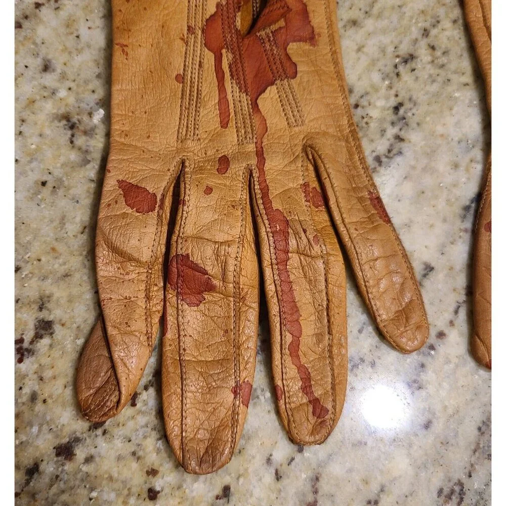 Vintage Size S Brown Leather Gloves Fake Bloody Horror Costume Slashed Worn